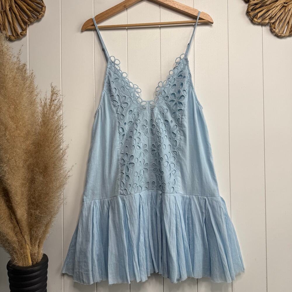 Free People mini dress floral eyelets embroidery sundress pleated boho Large - Picture 2 of 7